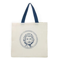 Nellie's head logo cream coloured lined tote with blue straps