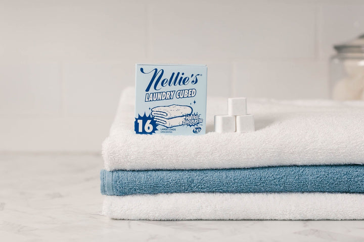 Laundry Cubes on a stack of towels. 