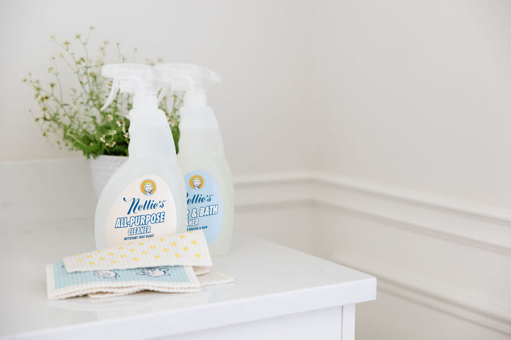 Nellie's All-Purpose and Shower & Bath Cleaner on bathroom counter