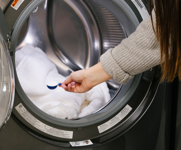 Blankets in the washing machine.