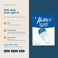 Instruction graphic for Nellie's Dish Stick showing how to use a dish brush with solid soap tucked inside, alongside the product packaging on a blue and cream background.