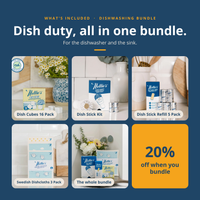 Promotional bundle graphic for Nelly's Dishwashing products, showing six product panels including Dish Cubes 16 Pack, Dish Stick Kit, Dish Stick Refill 5 Pack, Swedish Dishcloths 3 Pack, and The whole bundle, with a yellow discount badge reading '20% off when you bundle' on a dark blue background.