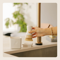 A hand holds a white and beige dishwashing brush over a kitchen sink counter next to a white soap dish and a white container, with a gold faucet and a blurred plant in the background.