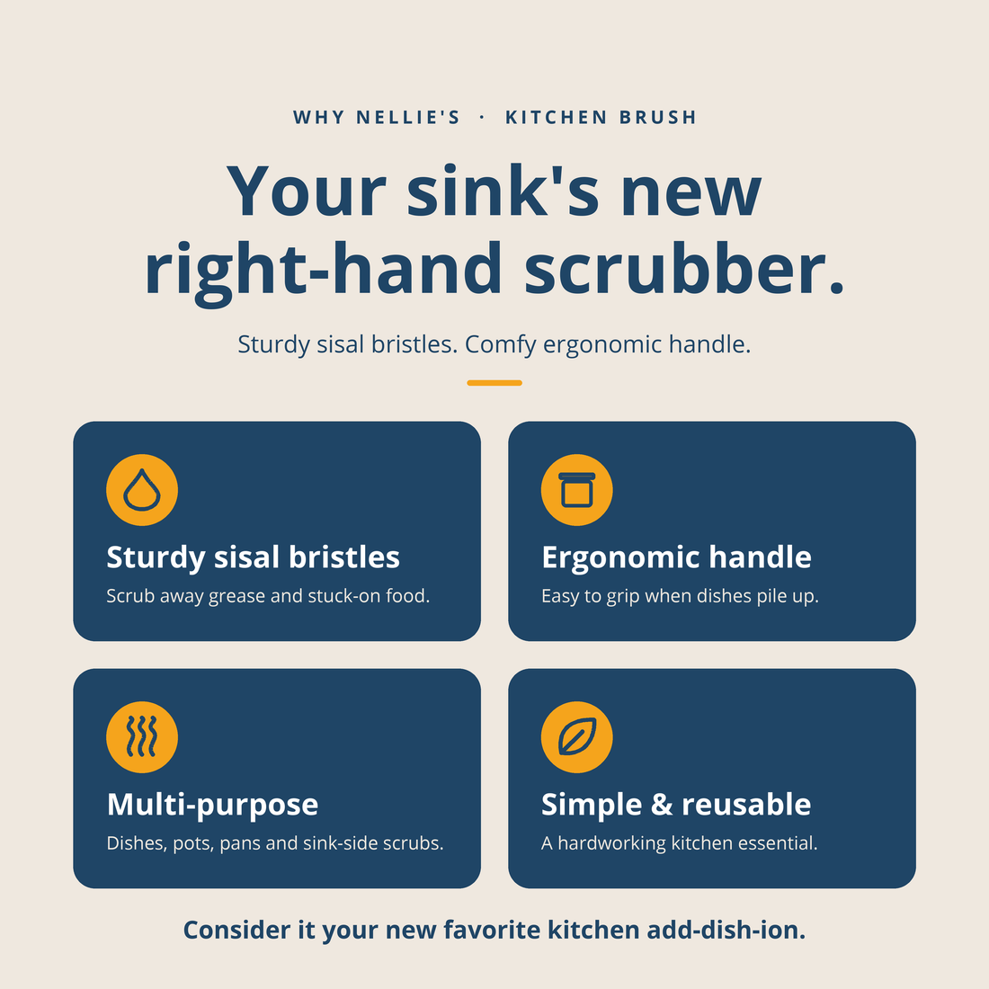 Promotional graphic for a kitchen scrubber with text and four feature tiles: sturdy sisal bristles, ergonomic handle, multi-purpose, and simple & reusable, on a light beige background.