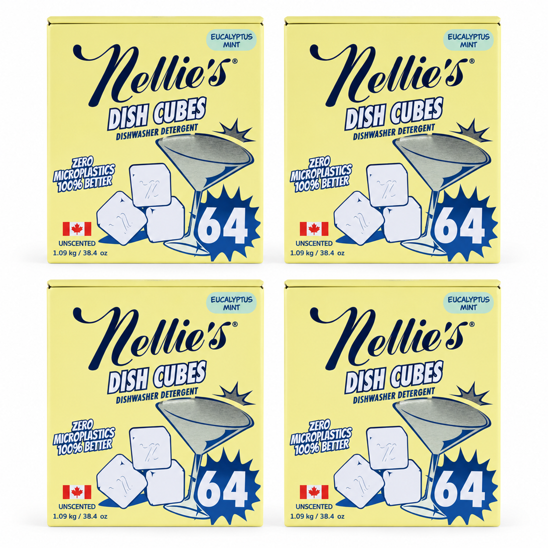 Four identical boxes of Nellie's Dish Cubes Eucalyptus Mint dishwasher detergent arranged in a 2x2 grid on a white background. Each box is pale yellow with blue and navy branding, an illustration of a martini glass, and the number 64.