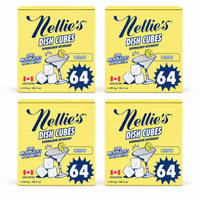 Four yellow boxes of Nellie's Dish Cubes Lemon dishwasher detergent arranged in a 2x2 grid on a white background.