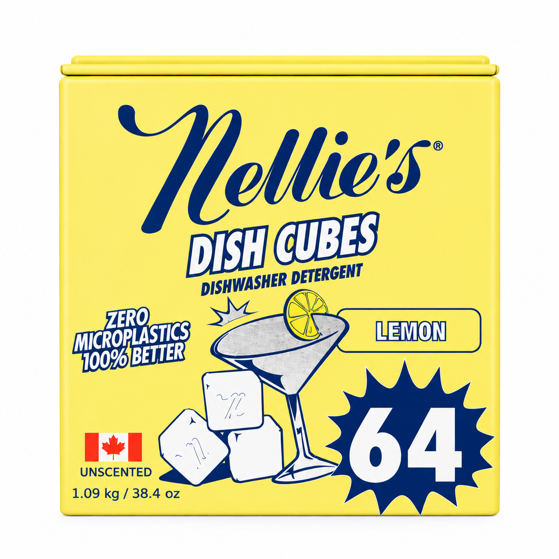 A yellow box of Nellie's Dish Cubes dishwasher detergent, Lemon flavor, Unscented. The packaging features a bright yellow background with blue and white text, a cartoon martini glass with a lemon slice, and ice cubes, along with a Canadian flag icon and a large blue starburst showing the number 64.