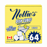 A yellow box of Nellie's Dish Cubes dishwasher detergent, Lemon flavor, Unscented. The packaging features a bright yellow background with blue and white text, a cartoon martini glass with a lemon slice, and ice cubes, along with a Canadian flag icon and a large blue starburst showing the number 64.