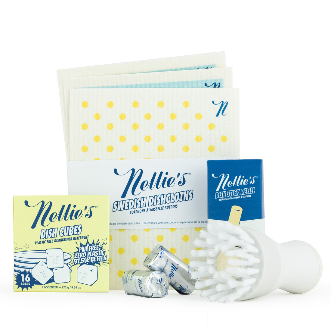 Nellie's Swedish Dish Cloths packaging with dish cubes and Dish stick on a white background