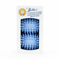 Two of Nellie's PVC-Free Blue Rubber Dryerballs against white background