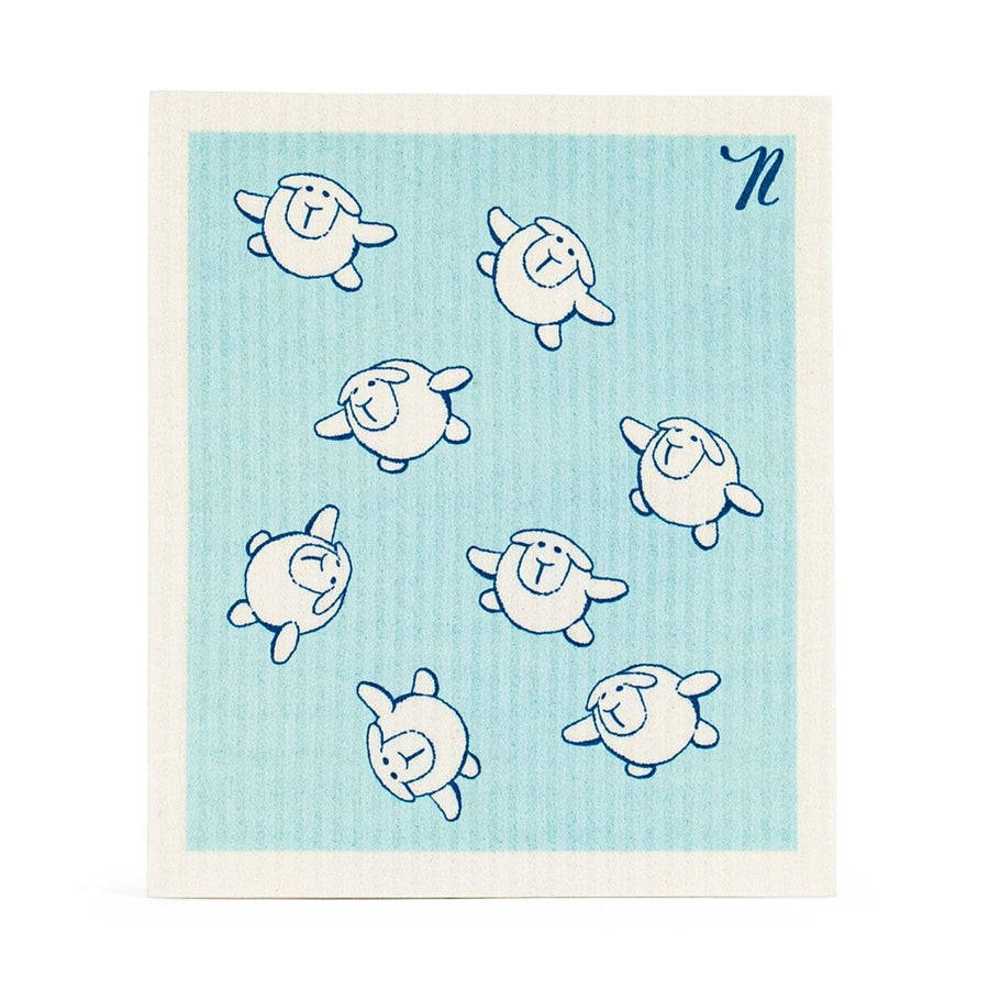 Blue, antibacterial and odourless Swedish Dishcloth with white flying sheep print