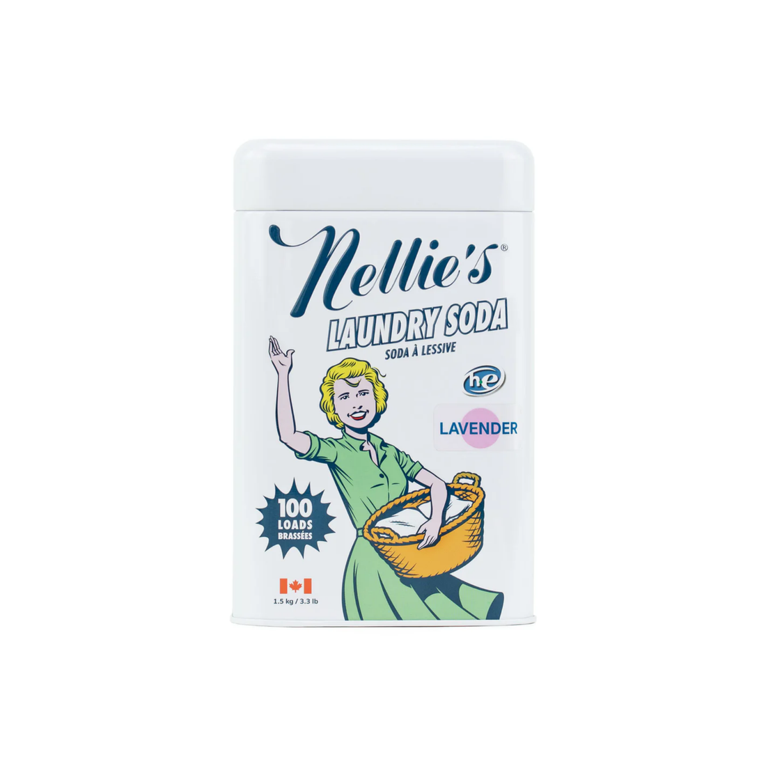 A white plastic tub of Nellie's Laundry Soda in Lavender scent, featuring a vintage-style illustration of a woman in a green dress holding a laundry basket on a white background.