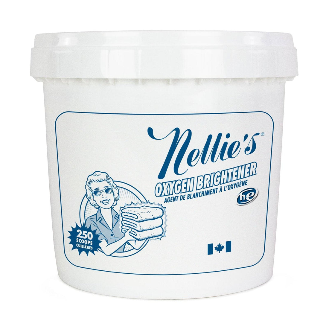 Nellie's Oxygen Brightener 250 Scoops reusable bucket against white background