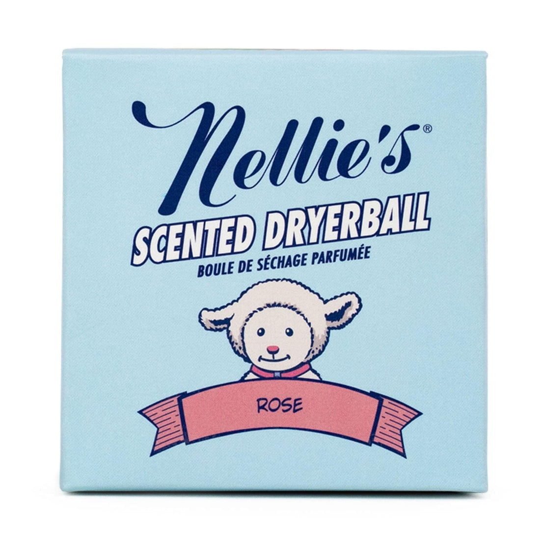 Nellie's Rose Scented Dryerball packaging on a white background