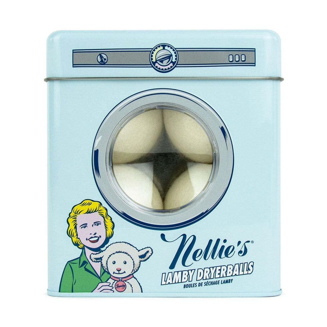 Four of Nellie's Lamby Wool Dryerballs in adorable and reusable dryer shaped tin