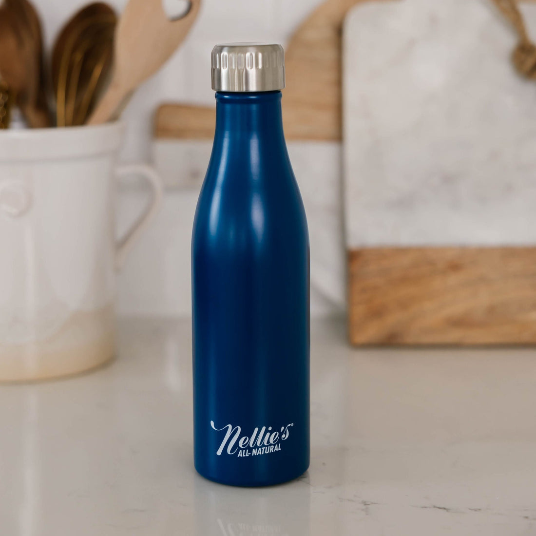 16oz Blue Nellie's branded stainless steel water bottle safe for hot or cold beverages