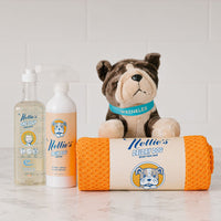 Eco-friendly Pet Bundle with fragrance-free One Soap, extra large microfibre towel, mango oatmeal dog shampoo and stuffed dog toy
