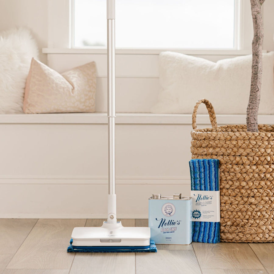 Nellie's WOW Too cordless and electrical mop with Floor Care cleaning solution, and Scrub & Polish mop pads