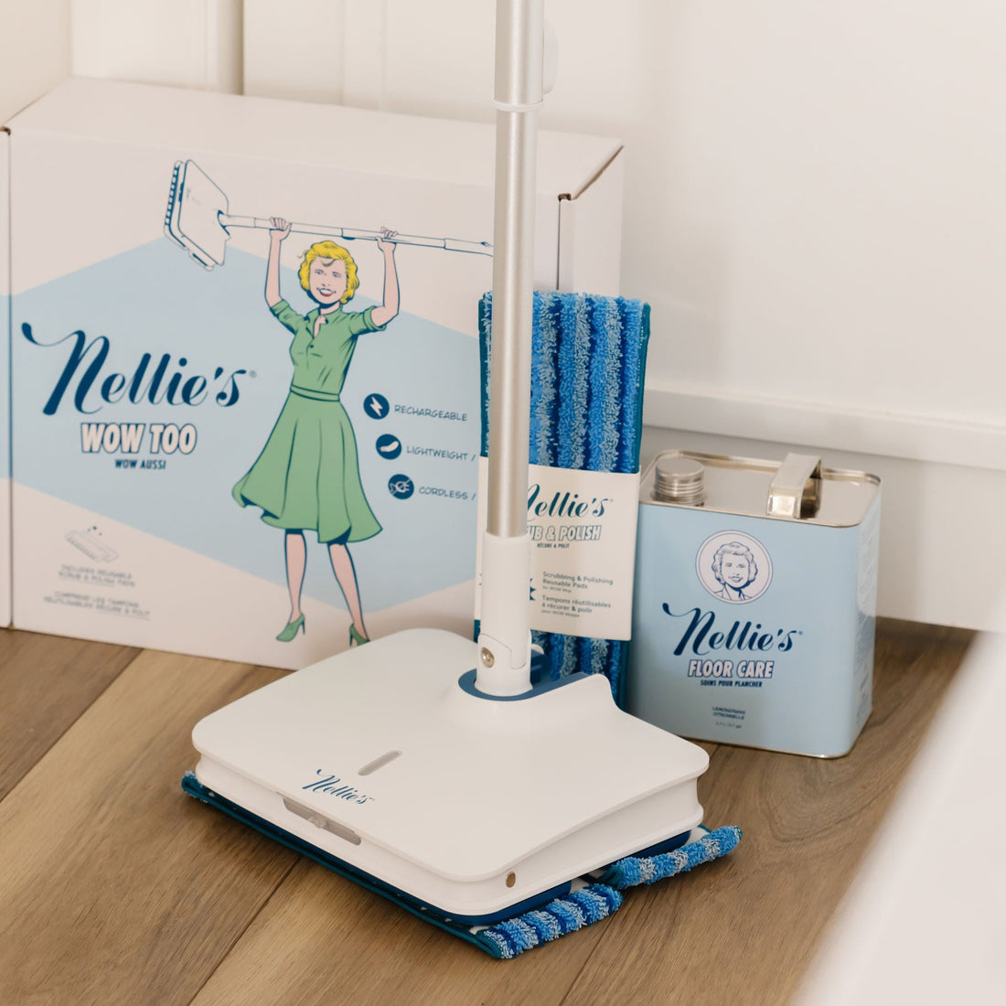 Nellie's WOW Too electric mop, with floor care cleaning solution, and Scrub & Polish mop pads