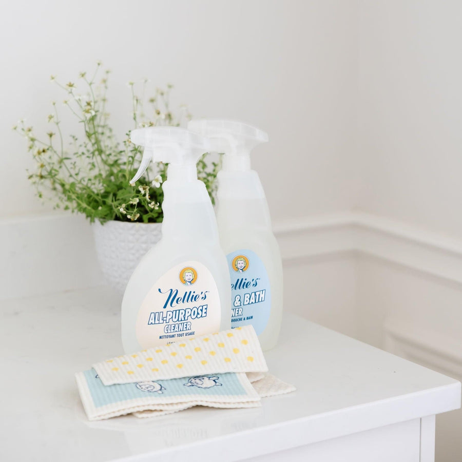 All-Purpose Cleaner, Shower & Bath Cleaner, and Swedish Dishcloths on counter