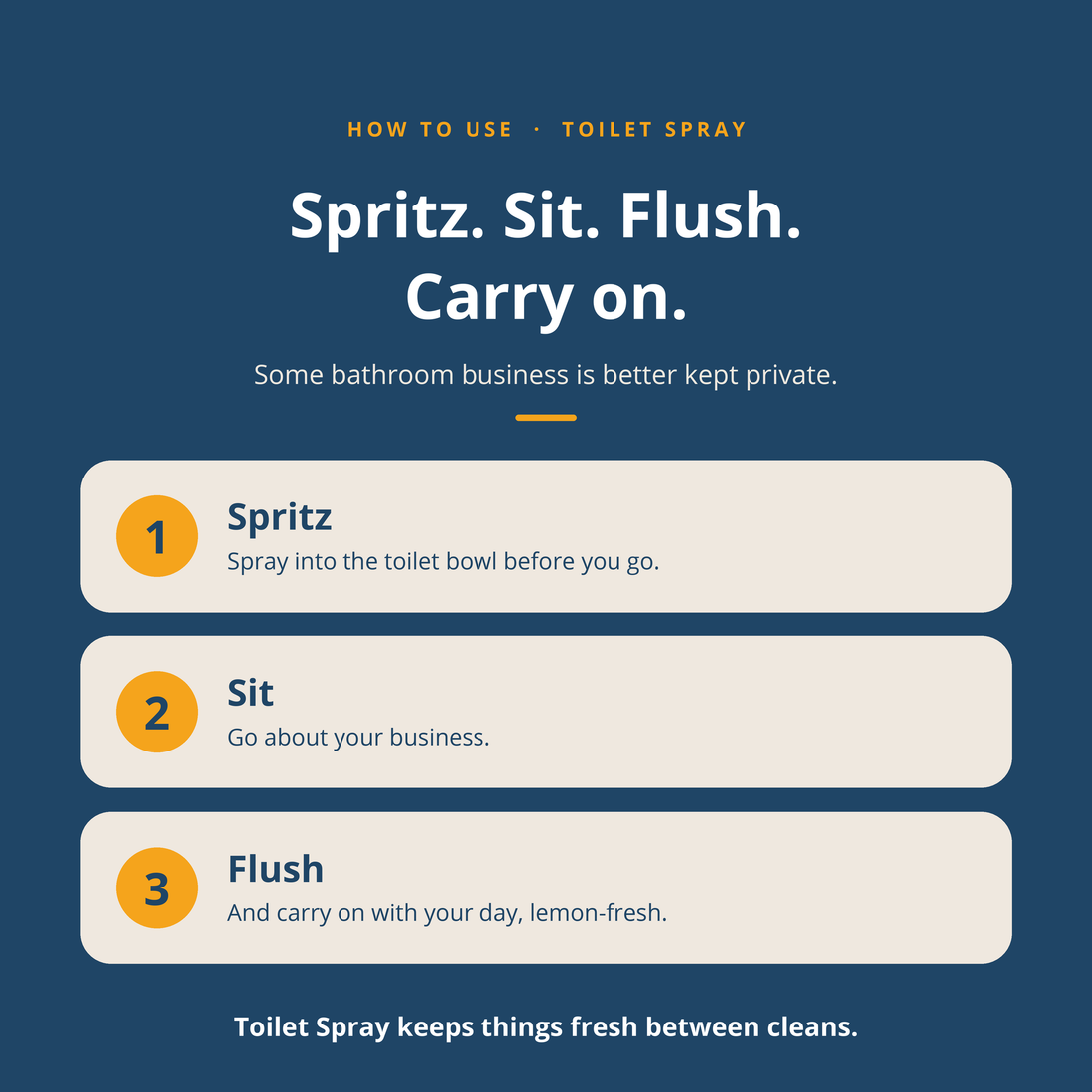 Instructional graphic for toilet spray showing how to use it in three steps: Spritz, Sit, and Flush, on a dark blue background with white and yellow text.