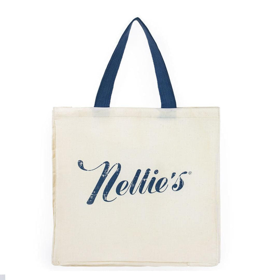 Nellie's logo cream coloured lined tote with blue straps